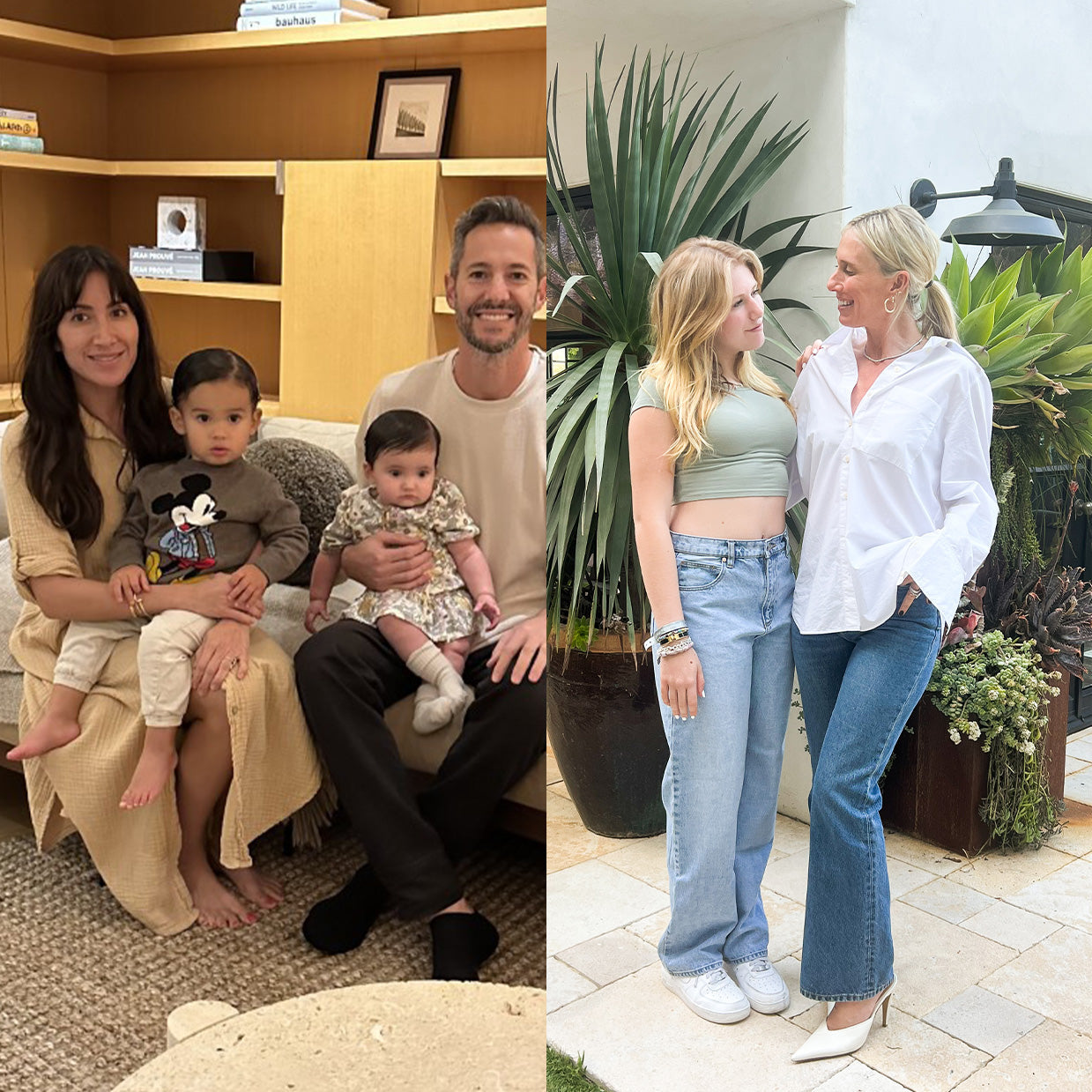 A split image showing a family of four sitting on a sofa on the left and a mother and daughter standing together outdoors on the right side.