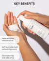 Person applying a white hair product to their hands with 'CUAI' branding, and text listing key benefits on a light gray background.