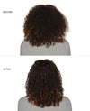 Before and after comparison of curly hair style on a person wearing a gray shirt.