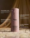 OUAI hair product bottle with text highlighting ingredients on a textured background