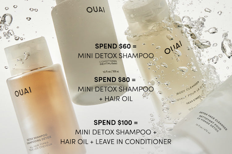 OUAI hair care products with promotional text on a white background