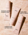 Three OUAI hair care products on a beige background with text describing their functions.