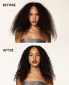 Before and after comparison of a woman with curly hair styled differently.