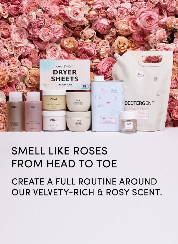 Cleaning products with a floral background and text about a velvety-rich rosy scent.