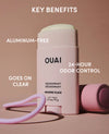 OUAI deodorant stick with key benefits on a beige background