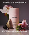 OUAI deodorant with flowers and text about notes on a dark background