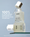 OUAI scalp serum bottle with text on a light blue background