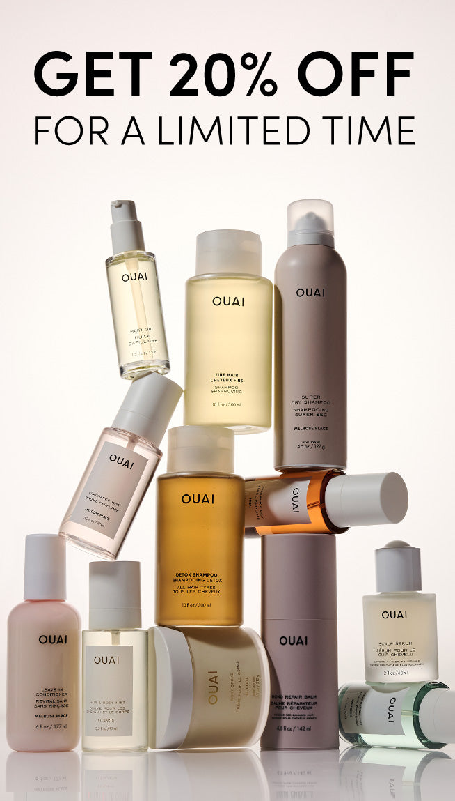 A promotional collage of multiple OUAI skincare and beauty bottles and jars arranged together on a light neutral background, with large text at the top reading 'GET 20% OFF FOR A LIMITED TIME'. Visible product branding includes OUAI on several containers.