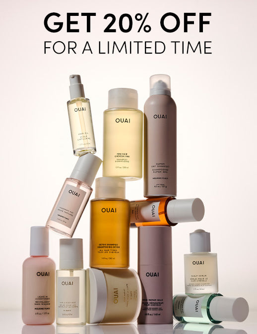 A promotional collage of OUAI hair and body products arranged together on a light beige background with large text at the top reading 'GET 20% OFF FOR A LIMITED TIME'. Visible products include bottles, jars, and a spray canister in soft neutral tones with some amber liquid.