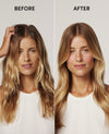 Before and after comparison of a woman with long blonde hair, wearing a white top.