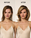 Before and after comparison of a woman with styled hair against a plain background
