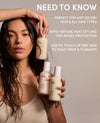 Woman holding three hair product bottles with text about hair care on a beige background