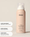OUAI Super Dry Shampoo in Melrose Place scent, 2 oz bottle, shown on a warm beige background with three white rounded text callouts on the left describing its absorbent, invisible, and fresh scent qualities.