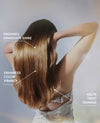 Woman with long, straight hair against a plain background with text highlighting hair product benefits.