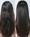 Before and after comparison of straightened hair on a person with a plain background.