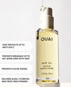 OUAI hair oil bottle with product features on a white background