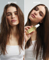 Before and after comparison of a woman with long hair, holding a bottle of hair oil.
