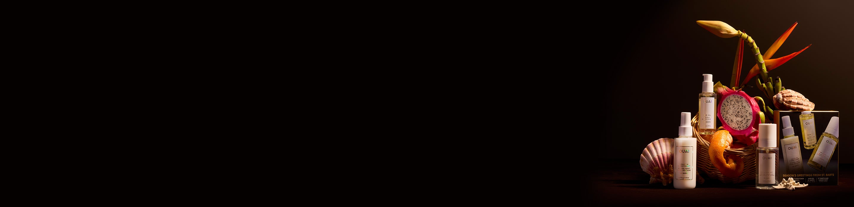 Decorative setup with bottles, a fruit, and plants on a dark background