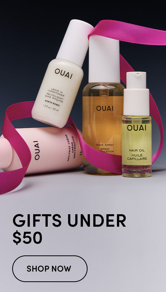 ouai hair products on a dark background with copy saying gifts under $50, shop now