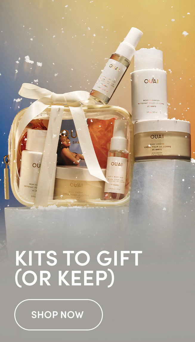 ouai gift kit on a colorful background with copy saying "kits to gift or keep. shop now"