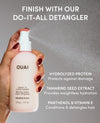 OUAI do-it-all detangler bottle with text detailing its ingredients and benefits on a gray background.