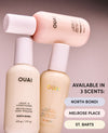 OUAI hair care products on a pink background with product names and scents listed.