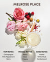 A styled fragrance composition on a white background with the text 'MELROSE PLACE' at the top and scent notes labeled 'TOP NOTES', 'MIDDLE NOTES', and 'BASE NOTES' at the bottom. The scene includes pink and white flowers, berries, a glass of creamy liquid, and spices, suggesting a perfume or fragrance product.