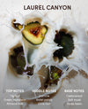 A square fragrance-style graphic with the text 'LAUREL CANYON' at the top and three labeled note sections at the bottom: top notes including fig leaf, green mandarin, and almond milk; middle notes including jasmine and violet petals; base notes including cedar wood, soft musk, and tonka bean. The central visual is a milk splash surrounding sliced figs and green fruit pieces on a white background.