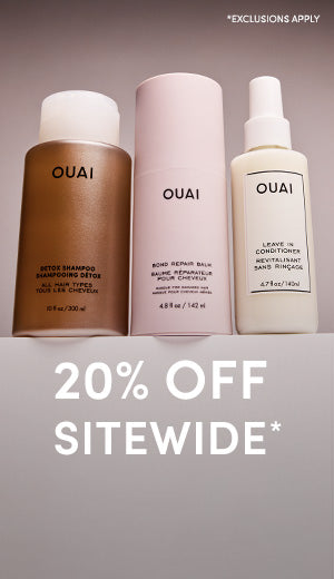 Three OUAI hair care products on a gray background with a 20% off sitewide offer.