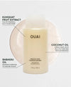 OUAI Babassu Fruit & Coconut Oil Shampoo in a frosted beige bottle, shown with callout lines and text describing its ingredients: Kumquat Fruit Extract, Coconut Oil, and Babassu Oil.