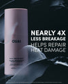 OUAI Bond Repair Balm bottle in a pale pink cylindrical container, shown against a dark textured background with white text reading 'NEARLY 4X LESS BREAKAGE HELPS REPAIR HEAT DAMAGE'.
