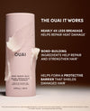 A light pink OUAI Bond Repair Balm bottle with white balm shown on a dark brown background, accompanied by white text highlighting clinical benefits for hair repair and reduced breakage.