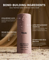 A pink cylindrical bottle of QUAI Bond Repair Balm stands centered on a textured surface with callout text and labels highlighting key ingredients: hyaluronic acid, lipid replacement complex, vegan silk protein, and hydrolyzed rice protein. The background is a warm brown gradient.