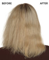 Before and after comparison of hair texture and volume, showing frizzy, dry blonde hair from the back labeled 'BEFORE' on the left and smoother, shinier blonde hair labeled 'AFTER' on the right, against a white background.