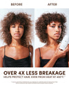 Before-and-after hair comparison featuring a woman with curly hair, with the right side showing reduced breakage and frizz while holding a white hair product bottle. Text at the bottom reads 'OVER 4X LESS BREAKAGE HELPS PROTECT HAIR, EVEN FROM HEAT AT 450°F.