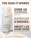 A promotional product image for OUAI Hair Gloss Brilliant & Cheveux hair protectant. A white cylindrical bottle with a clear cap is shown on a white background with water droplets and a liquid being poured over it.