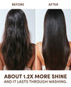 Before and after comparison of a woman's long dark brown hair, showing frizzy, wavy hair on the left and smooth, shiny, straight hair on the right. Text at the bottom reads 'ABOUT 1.