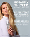 A blonde woman in a white ribbed sweater holds a silver bottle of OUAI shampoo against a light blue-gray background, with large promotional text about thicker, fuller-looking hair.
