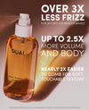 A bottle of OUAI Wave Spray with amber liquid and a white pump, shown in a promotional graphic with large text claims about frizz reduction and volume.