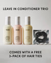 Three OUAI leave-in conditioner bottles in white, pale pink, and pale yellow are shown with a free pack of black hair ties, under the text 'LEAVE IN CONDITIONER TRIO' and 'COMES WITH A FREE 3-PACK OF HAIR TIES'.