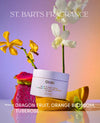 OUAI St. Barts Fragrance body scrub jar styled with dragon fruit, orange blossoms, and citrus slices on a reflective surface against a pastel gradient background.