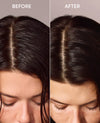 Before and after comparison of a woman's hair part, showing a lighter, clearer part in the 'after' view with dark brown hair and the words 'BEFORE' and 'AFTER' at the top.