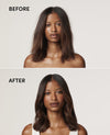 Before-and-after comparison of a woman with shoulder-length brown hair, showing a straighter, smoother look in the top photo labeled BEFORE and a softer, slightly wavy look in the bottom photo labeled AFTER, on a light beige background.