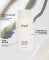 OUAI Thick Hair Conditioner bottle in a clean white design, surrounded by text callouts highlighting ingredients like marshmallow root, avocado oil, and shea butter, with abstract white and gray liquid swirls in the background.
