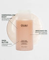 OUAI Thick Hair Shampoo bottle in a soft peach-pink color, shown with callout text highlighting ingredients: Marshmallow Root, Avocado Oil, and Shea Butter.