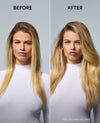 Before and after comparison of a woman's blonde hair, showing straight hair on the left labeled 'BEFORE' and wavy hair on the right labeled 'AFTER'.