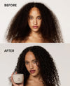Before-and-after split comparison showing a woman with voluminous, curly dark hair. The top panel labeled BEFORE shows the hair at the roots with full volume.
