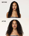 Before-and-after comparison of a woman with long, dark, curly hair, showing the hair volume and definition improved in the after view on a light gray background.