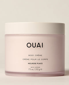 OUAI Melrose Place Body Crème jar, 7.5 oz, pale pink with white lid.