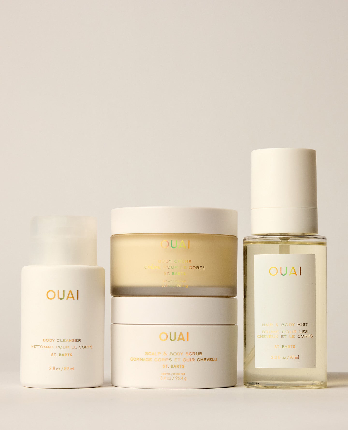 OUAI St. Barts travel set with body cleanser, body crème, scalp scrub and hair and body mist